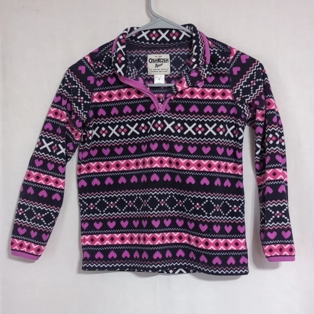 OshKosh Purple Pink Fleece Hearts Fair Isle Quarter Zip Size 8
